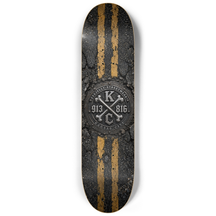 KC JELLYSTREET 2026 skateboard deck featuring cracked asphalt and Kansas City 913/816 street-art details