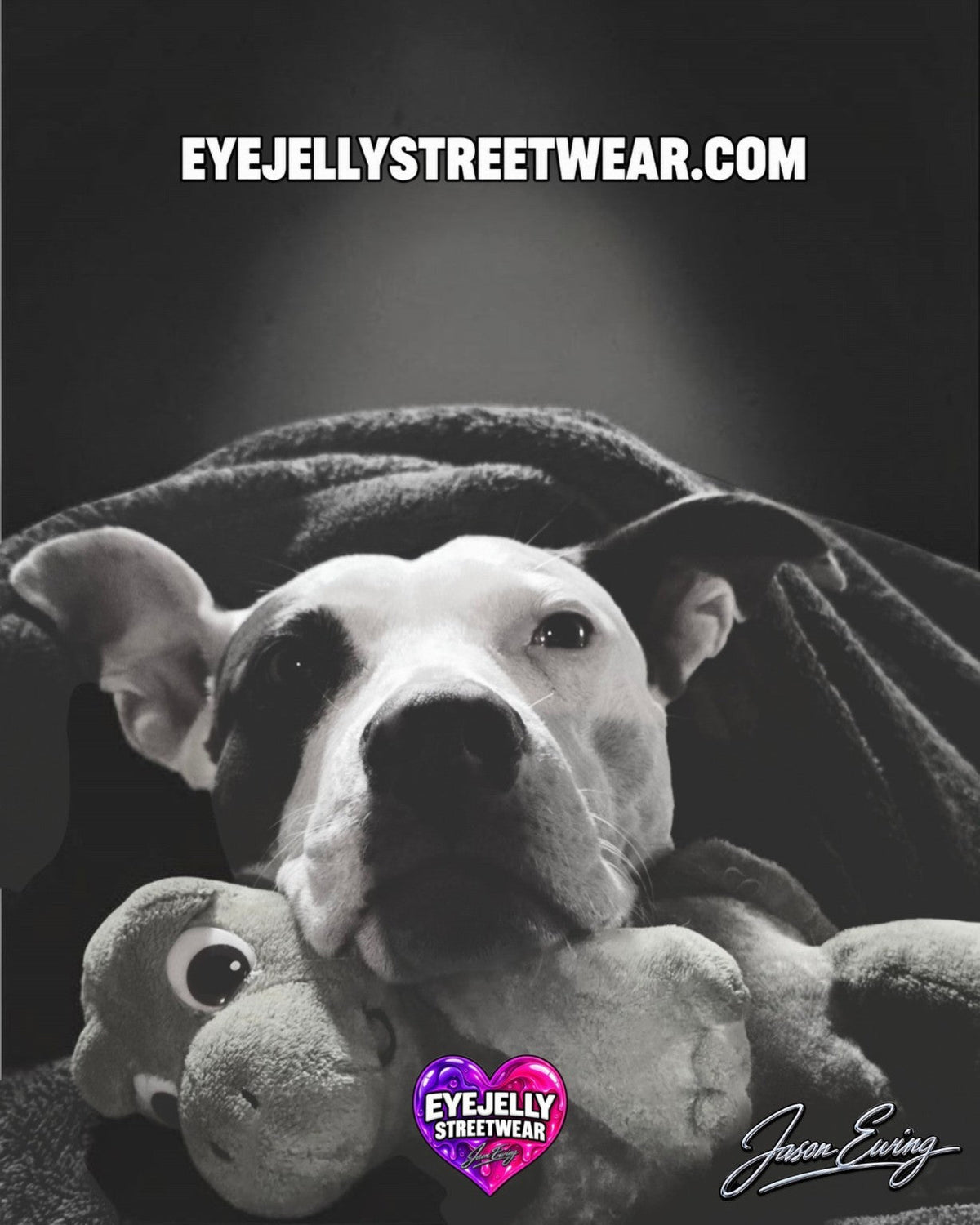 Black-and-white portrait of a dog resting under a blanket with a plush toy — EyeJelly Streetwear artwork by Jason Ewing