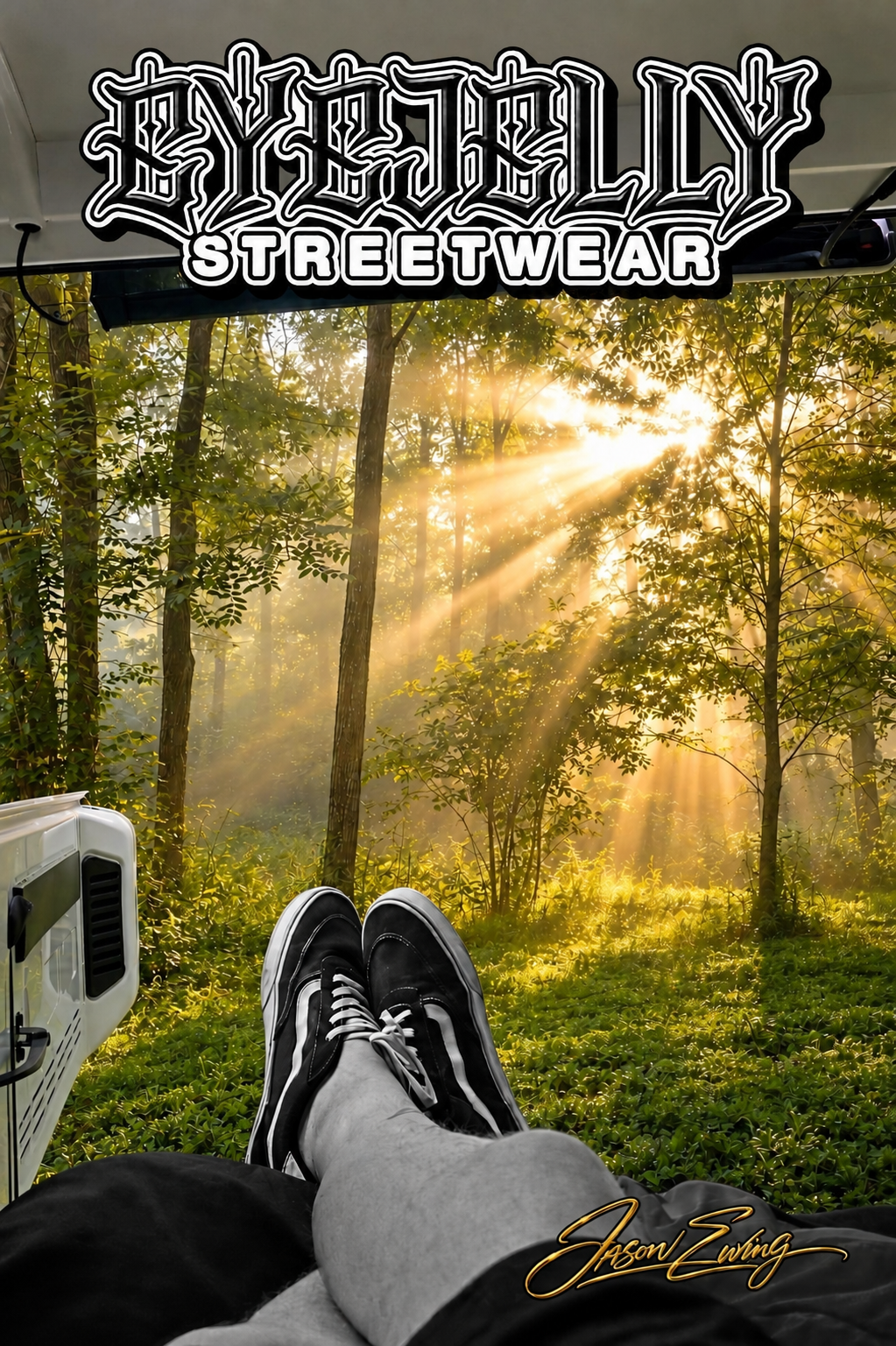 Jason Ewing’s legs and shoes in black and white, resting as sunlight filters through green trees.