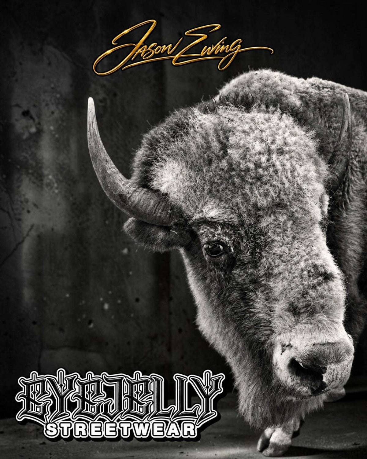 Black and white buffalo with Jason Ewing and EyeJelly Streetwear logos