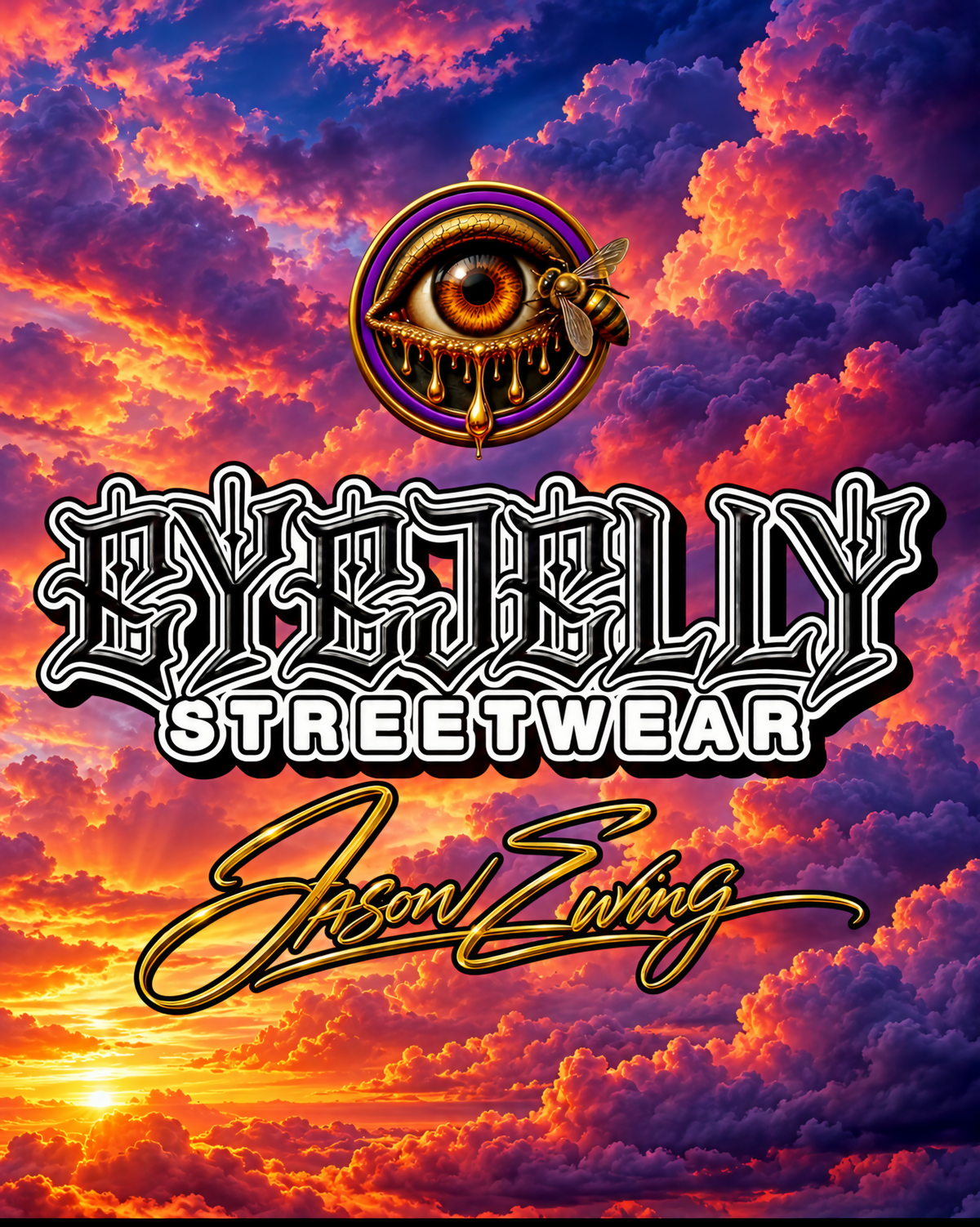EyeJelly Streetwear art against a dramatic sunset cloud background