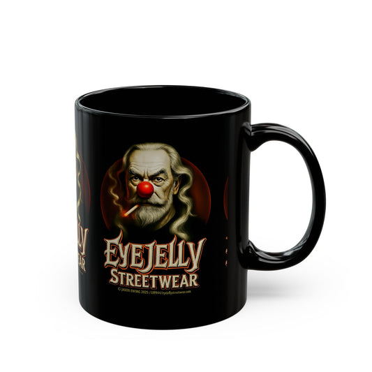 EyeJelly Streetwear Black Mug — Vintage Clown Portrait Coffee Cup (11oz/15oz)