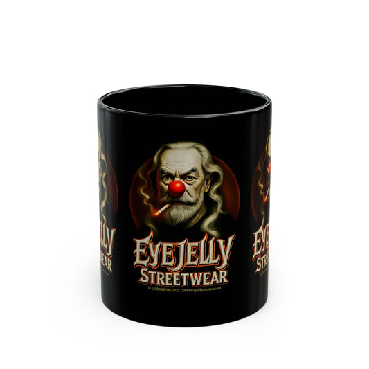 EyeJelly Streetwear Black Mug — Vintage Clown Portrait Coffee Cup (11oz/15oz)