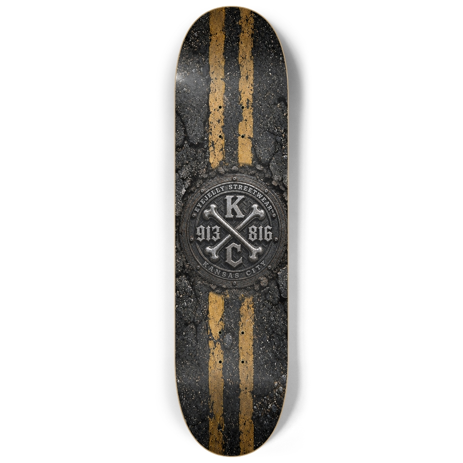 KC JELLYSTREET 2026 skateboard deck featuring cracked asphalt and Kansas City 913/816 street-art details