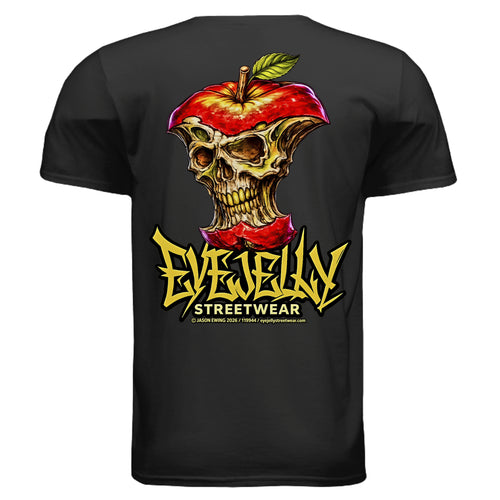 BAD APPLE graphic T-shirt by Jason Ewing - Black back artwork