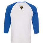 SUNSET DRIP raglan T-shirt by Jason Ewing - White and True Royal back artwork