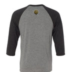 SUNSET DRIP raglan T-shirt by Jason Ewing - Grey and Charcoal Black Triblend back artwork