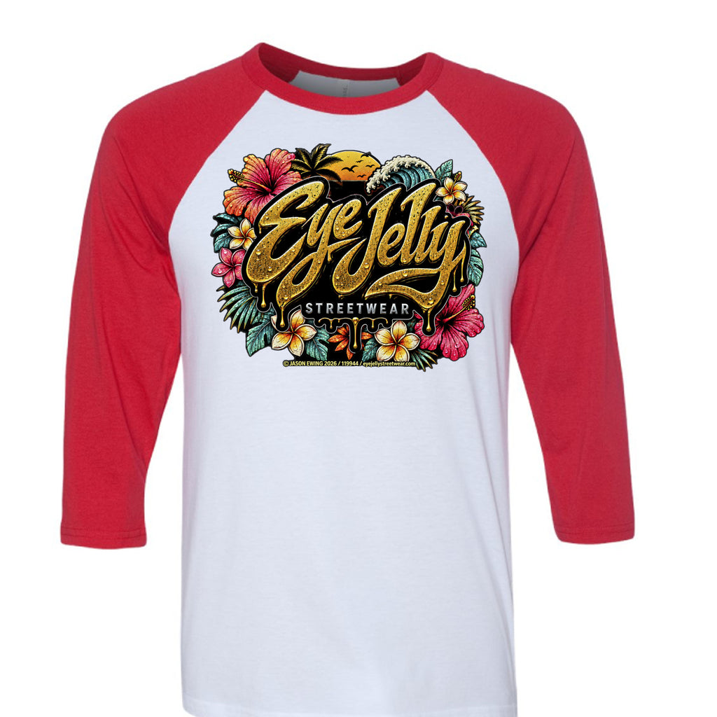 SUNSET DRIP raglan T-shirt by Jason Ewing - White and Red front view