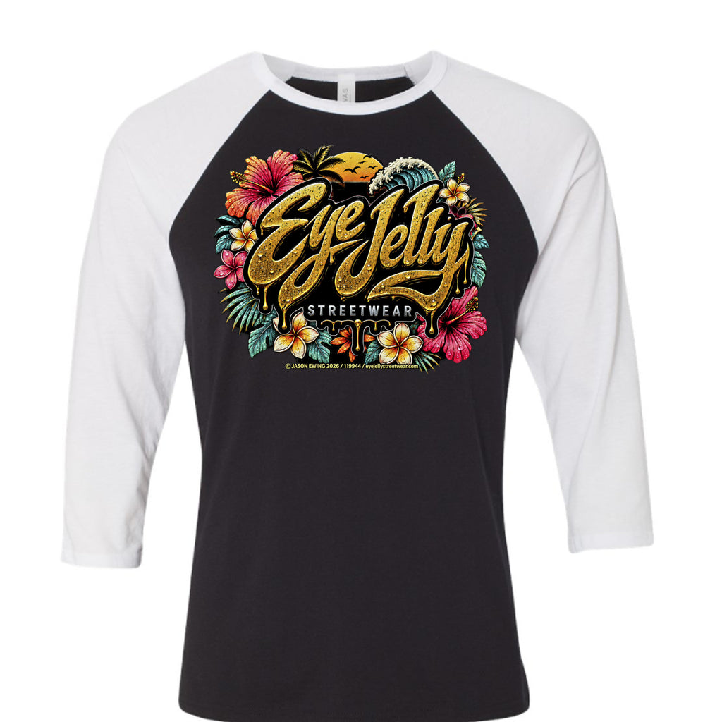 SUNSET DRIP raglan T-shirt by Jason Ewing - Black and White front view