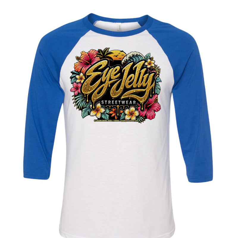 SUNSET DRIP raglan T-shirt by Jason Ewing - White and True Royal front view