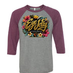 SUNSET DRIP raglan T-shirt by Jason Ewing - Grey and Maroon Triblend front view