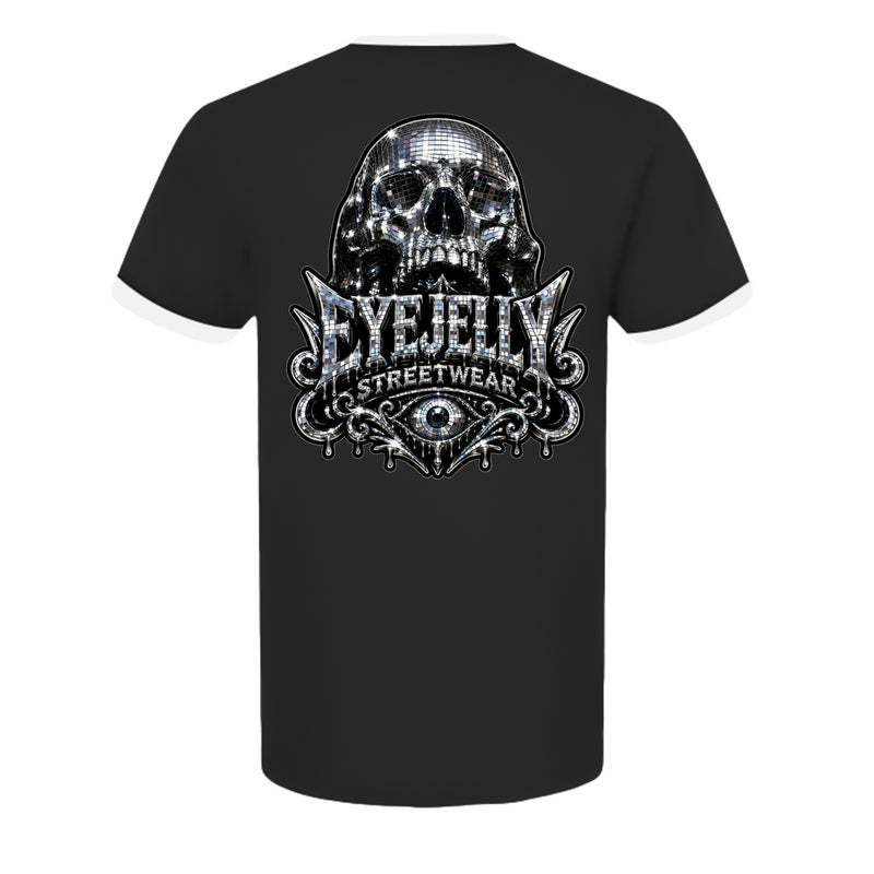 SKULL DISCO ringer tee by Jason Ewing - Black and White back artwork