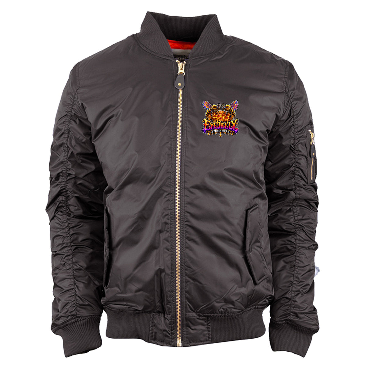 REBIRTH black bomber jacket front by Jason Ewing | EyeJelly Streetwear