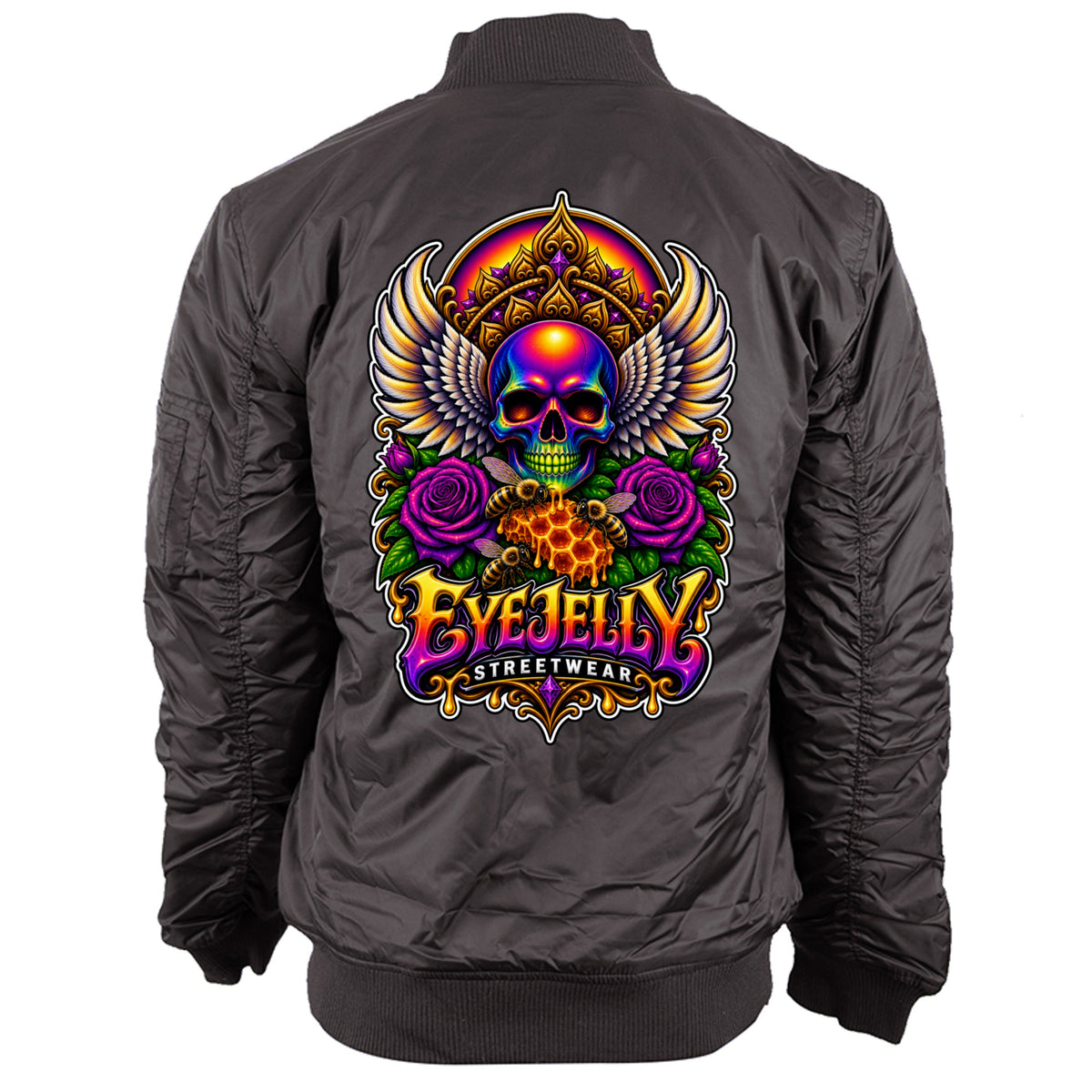 REBIRTH black bomber jacket back artwork by Jason Ewing | EyeJelly Streetwear