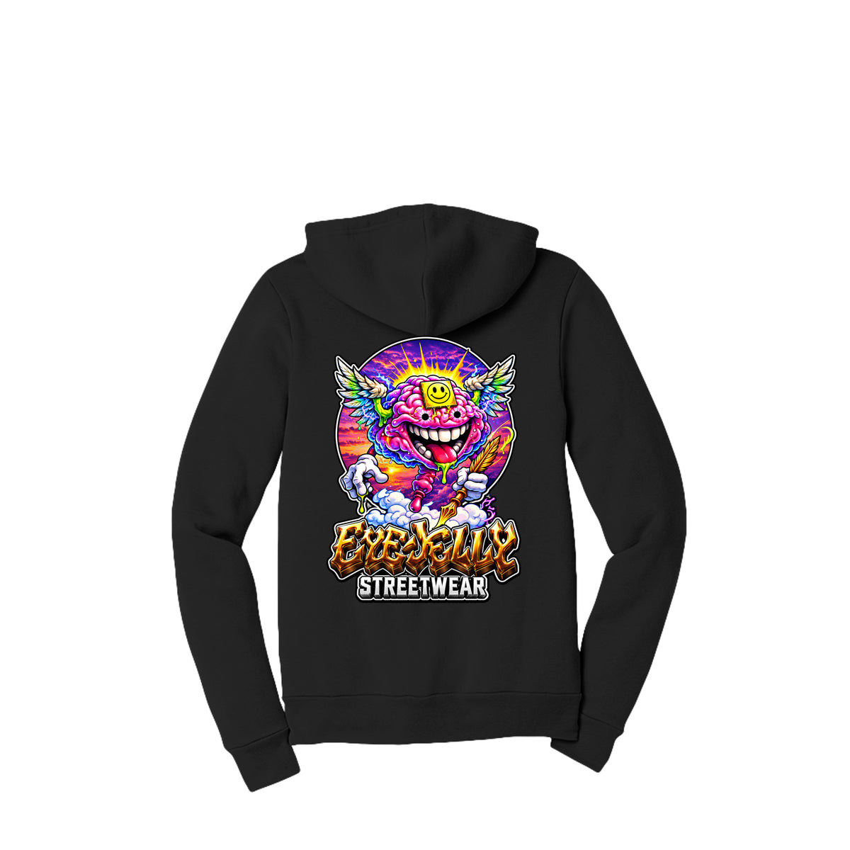 JELLY MIND™ black zip-up hoodie, back view showing original artwork — EyeJelly Streetwear™