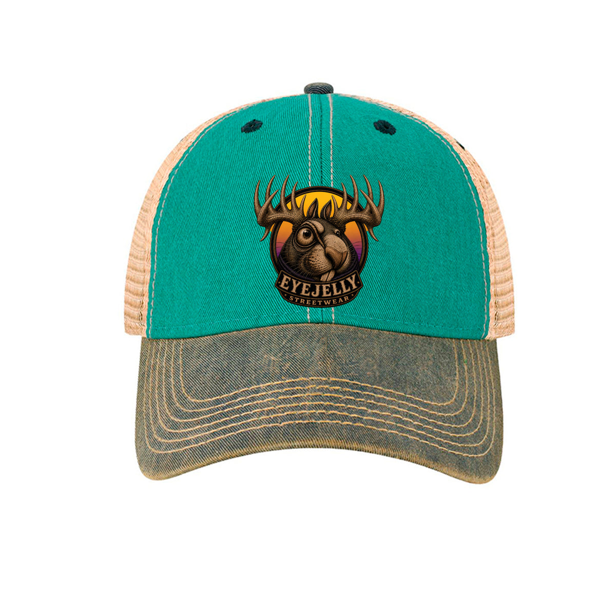 Front view of the Jelly the Jackalope trucker hat in aqua blue and navy, featuring original EyeJelly Streetwear artwork by Jason Ewing.