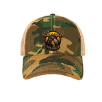 Front view of the Jelly the Jackalope trucker hat in army camo and khaki, featuring original EyeJelly Streetwear artwork by Jason Ewing.