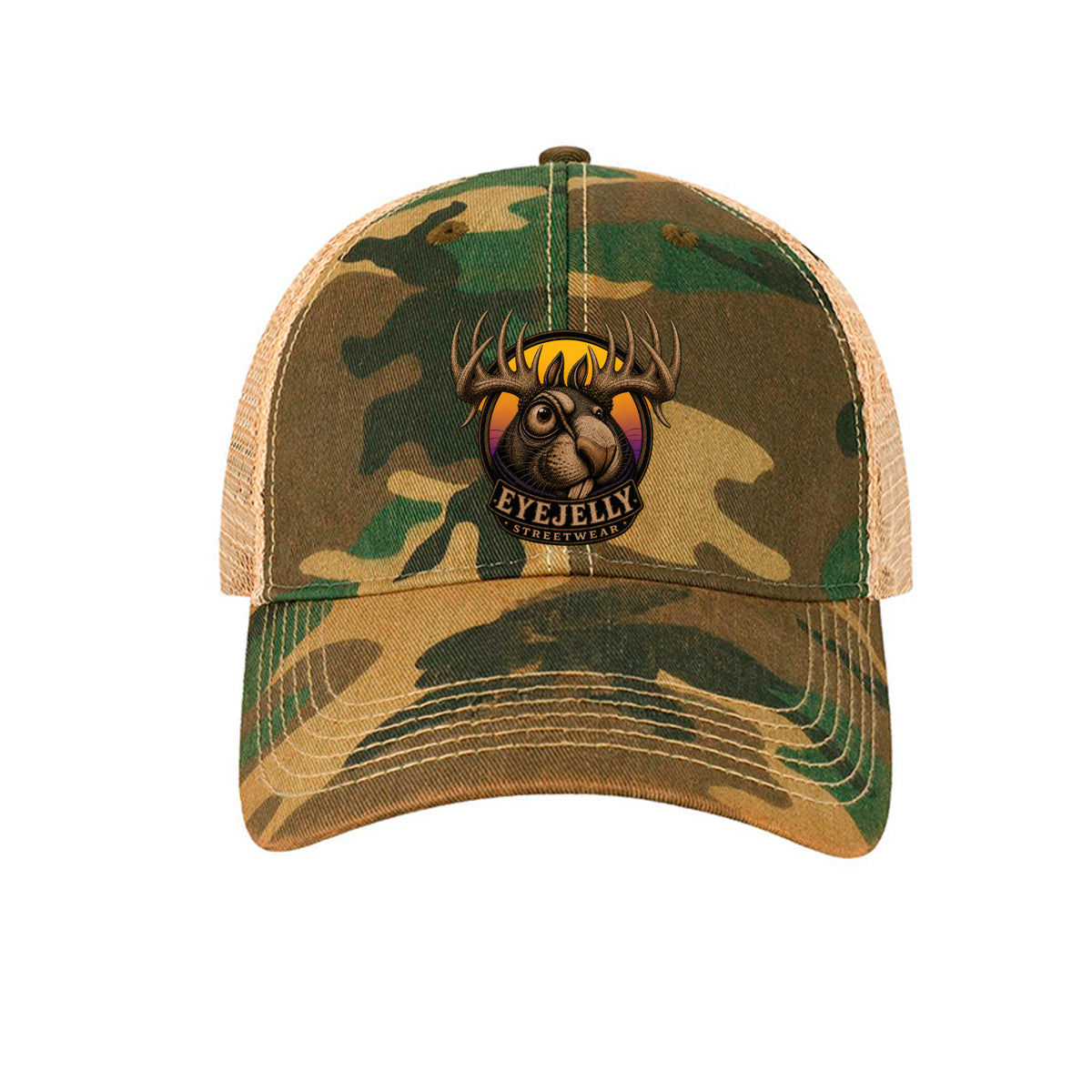 Front view of the Jelly the Jackalope trucker hat in army camo and khaki, featuring original EyeJelly Streetwear artwork by Jason Ewing.