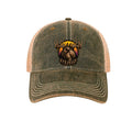 Front view of the Jelly the Jackalope trucker hat in black and khaki, featuring original EyeJelly Streetwear artwork by Jason Ewing.