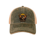 Front view of the Jelly the Jackalope trucker hat in black and khaki, featuring original EyeJelly Streetwear artwork by Jason Ewing.