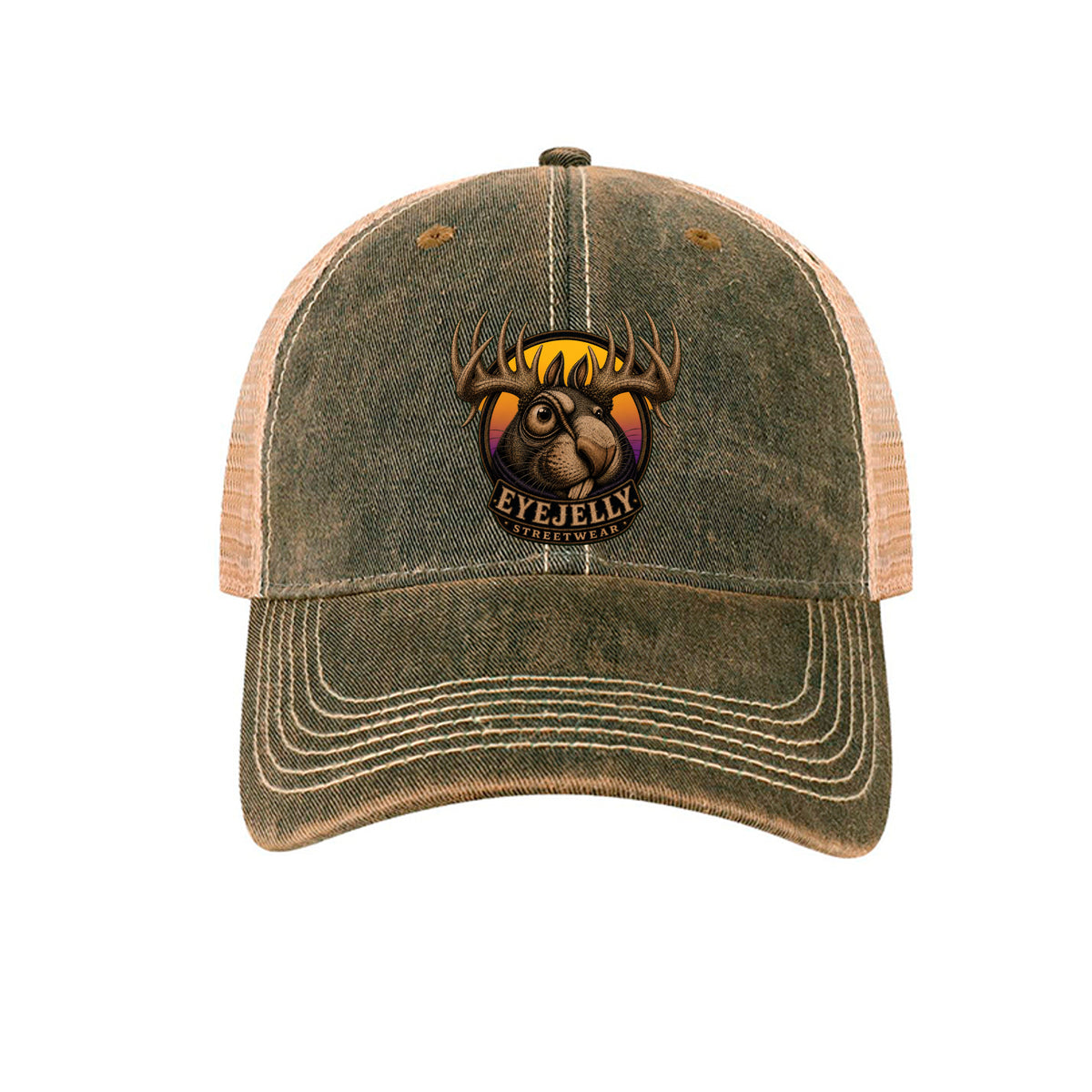 Front view of the Jelly the Jackalope trucker hat in black and khaki, featuring original EyeJelly Streetwear artwork by Jason Ewing.