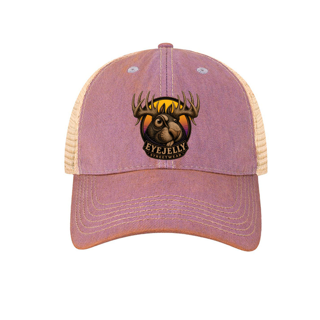 Front view of the Jelly the Jackalope trucker hat in lavender and khaki, featuring original EyeJelly Streetwear artwork by Jason Ewing.