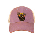 Front view of the Jelly the Jackalope trucker hat in lavender and khaki, featuring original EyeJelly Streetwear artwork by Jason Ewing.