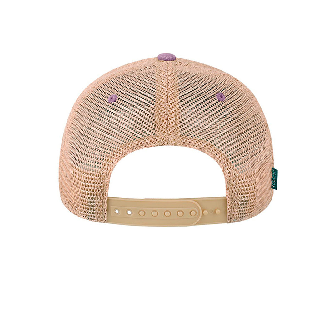 Back view of the Jelly the Jackalope trucker hat in lavender and khaki, an original EyeJelly Streetwear cap.