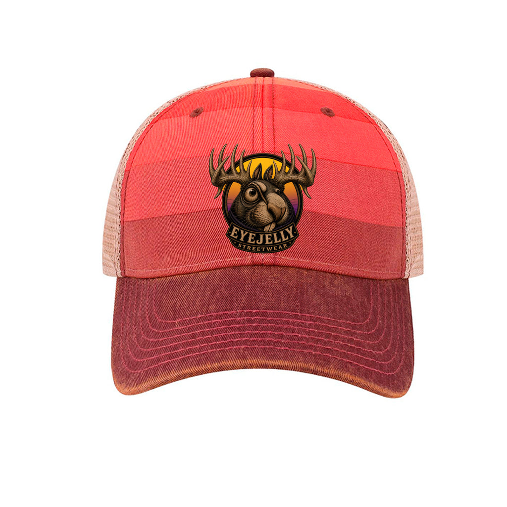 Front view of the Jelly the Jackalope trucker hat in red stripe and khaki, featuring original EyeJelly Streetwear artwork by Jason Ewing.