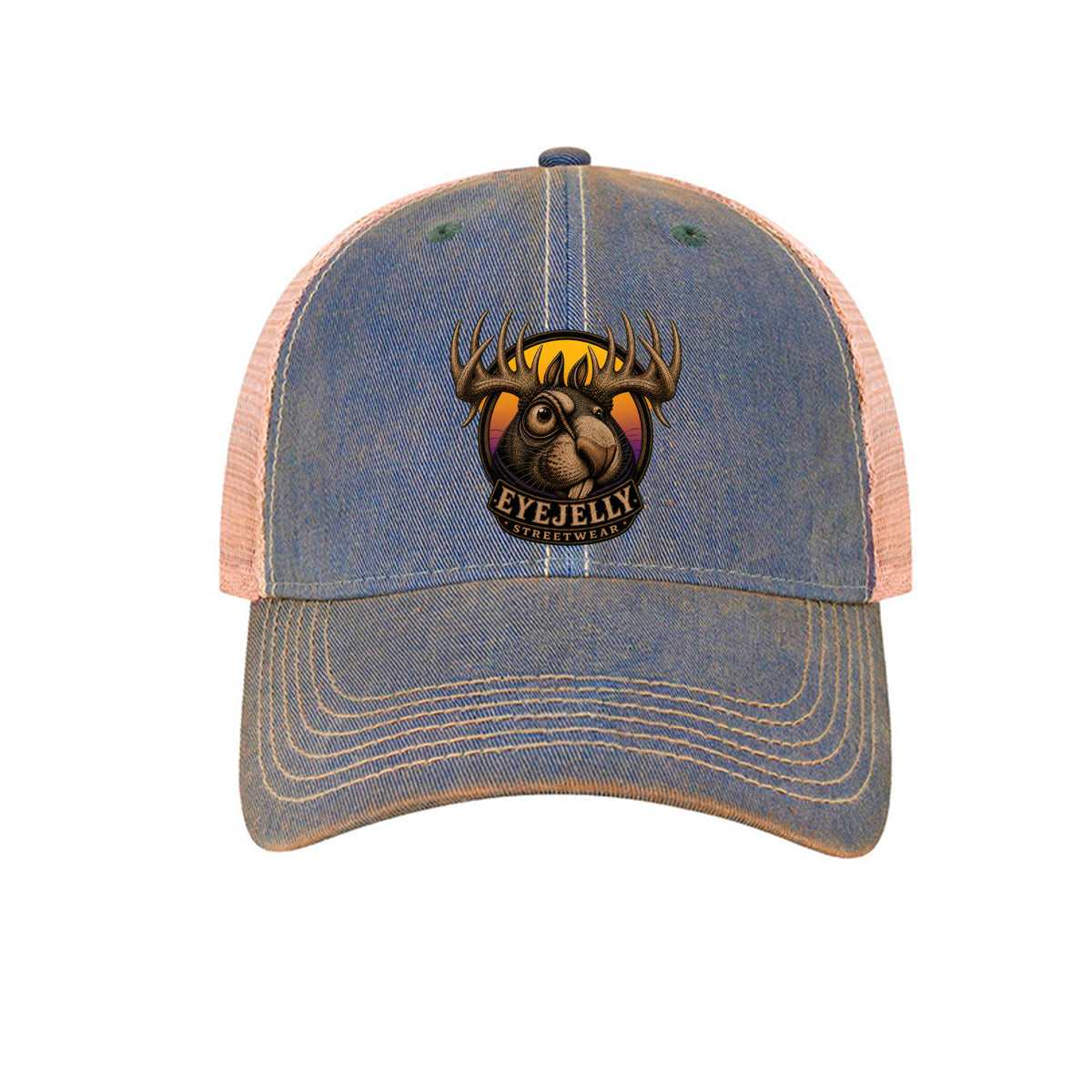 Front view of the Jelly the Jackalope trucker hat in royal blue and khaki, featuring original EyeJelly Streetwear artwork by Jason Ewing.