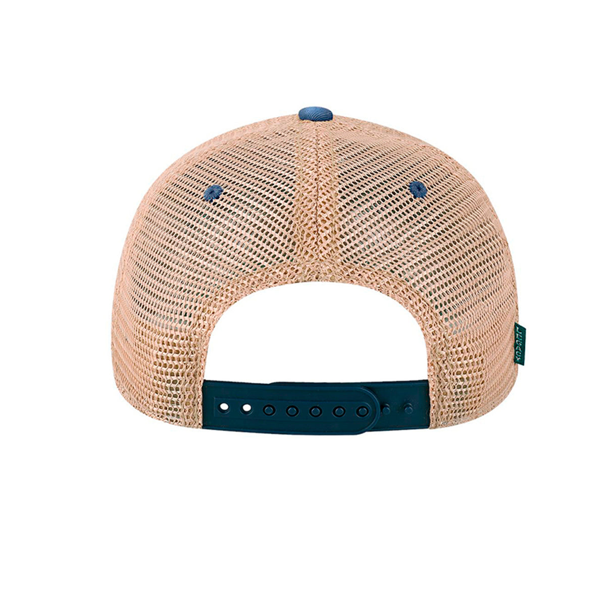Back view of the Jelly the Jackalope trucker hat in royal blue and khaki, an original EyeJelly Streetwear cap.