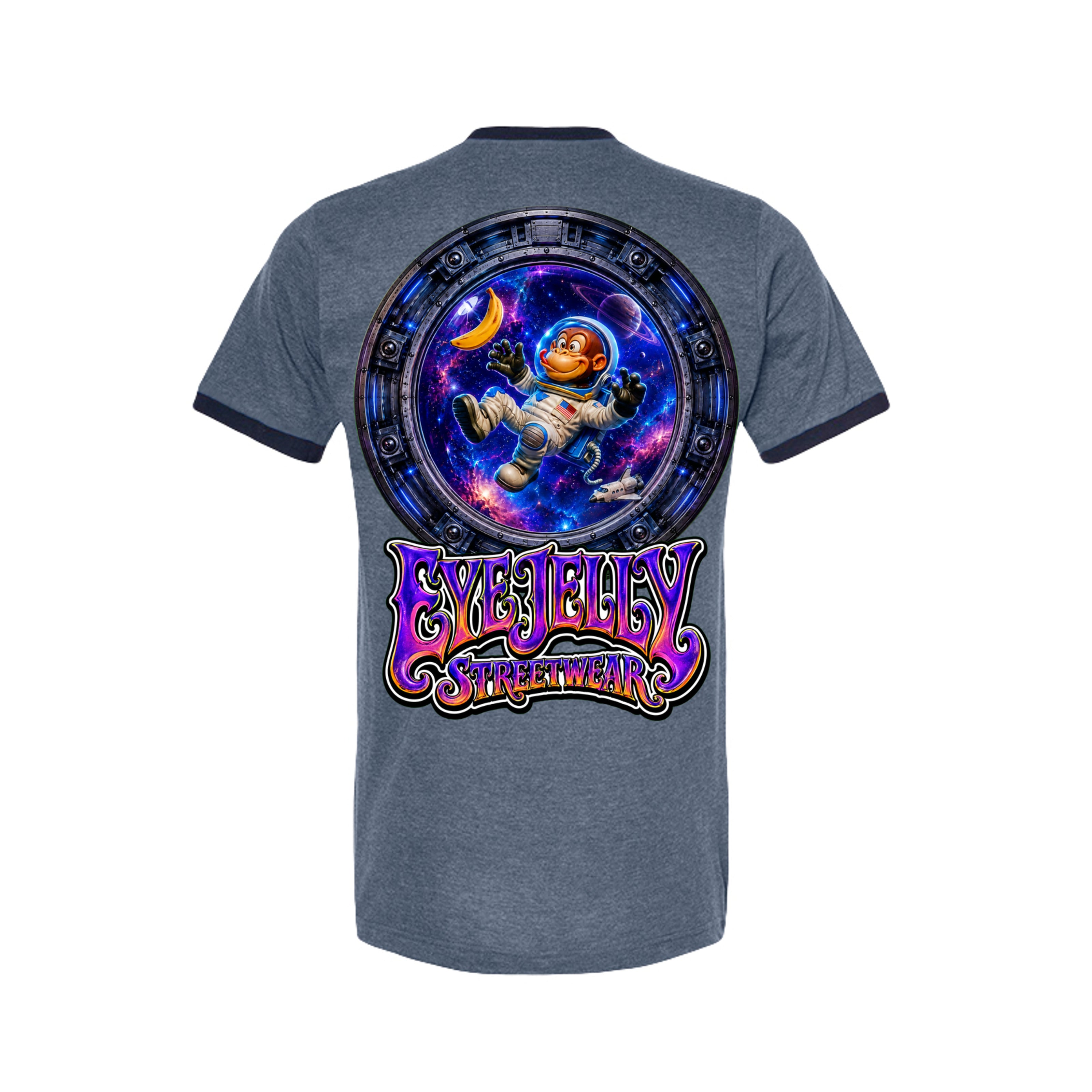 SPACE MONKEY™ Heather Denim/Navy Ringer Tee back artwork