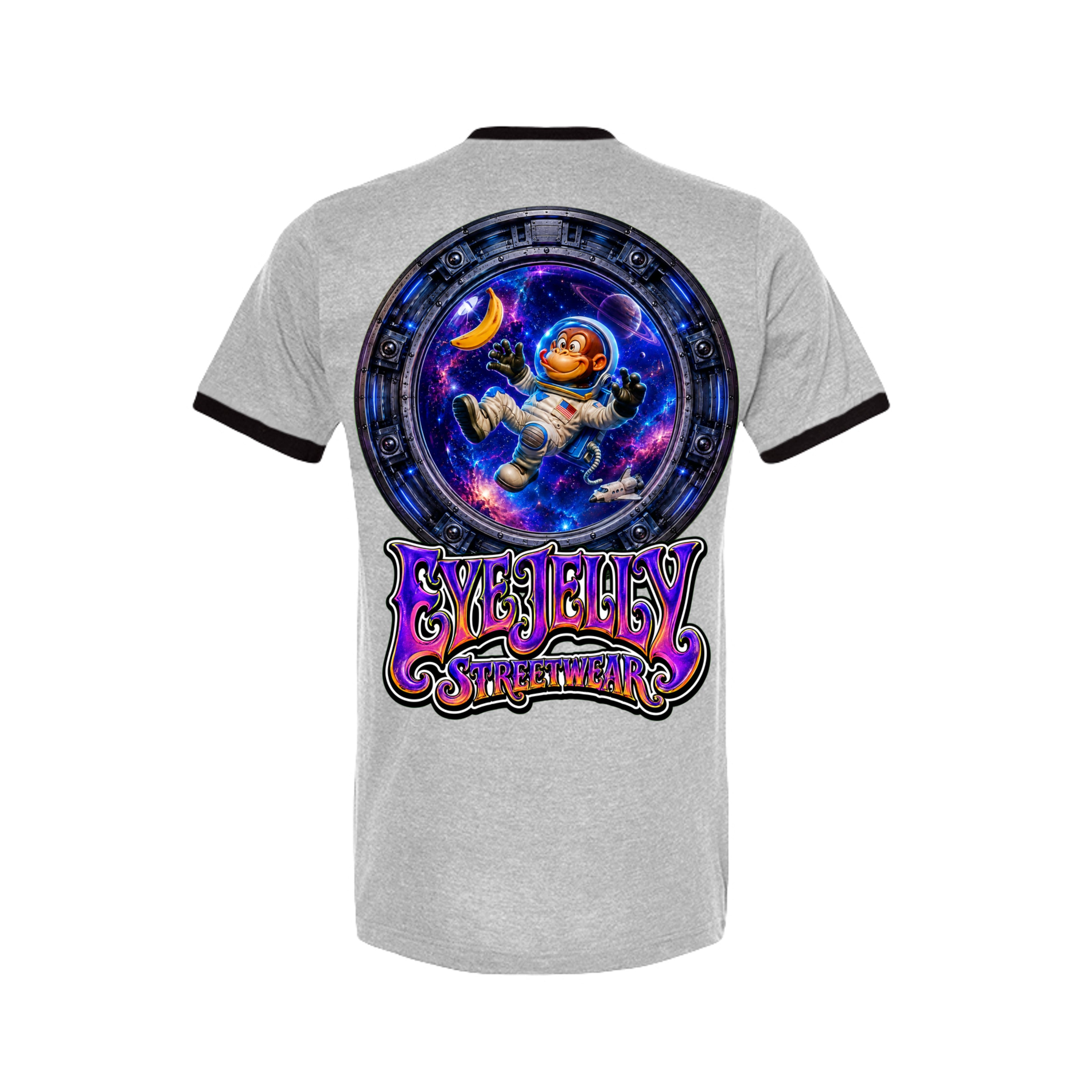 SPACE MONKEY™ Heather Grey/Black Ringer Tee back artwork