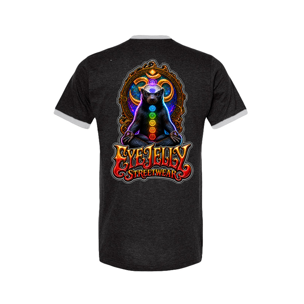 HONEY BADGER™ ringer tee back in black and white with large chakra honey badger artwork