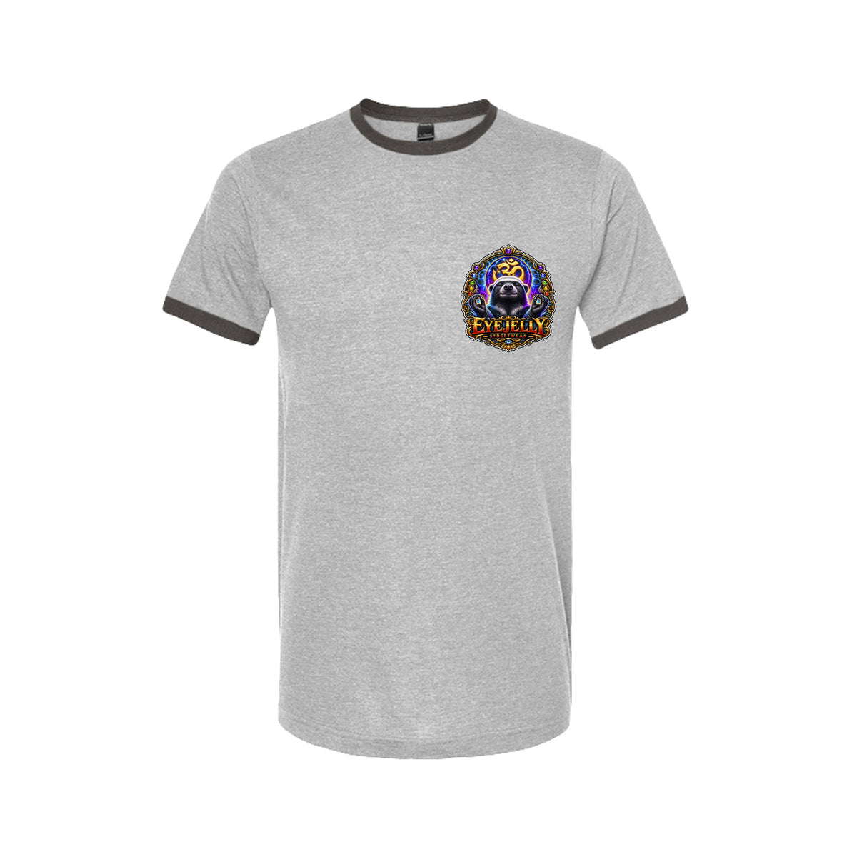 HONEY BADGER™ ringer tee front in heather grey and charcoal with EyeJelly Streetwear chest art