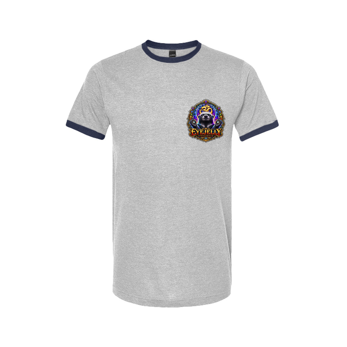 HONEY BADGER™ ringer tee front in heather grey and navy with EyeJelly Streetwear chest art