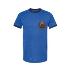 HONEY BADGER™ ringer tee front in heather royal and navy with EyeJelly Streetwear chest art