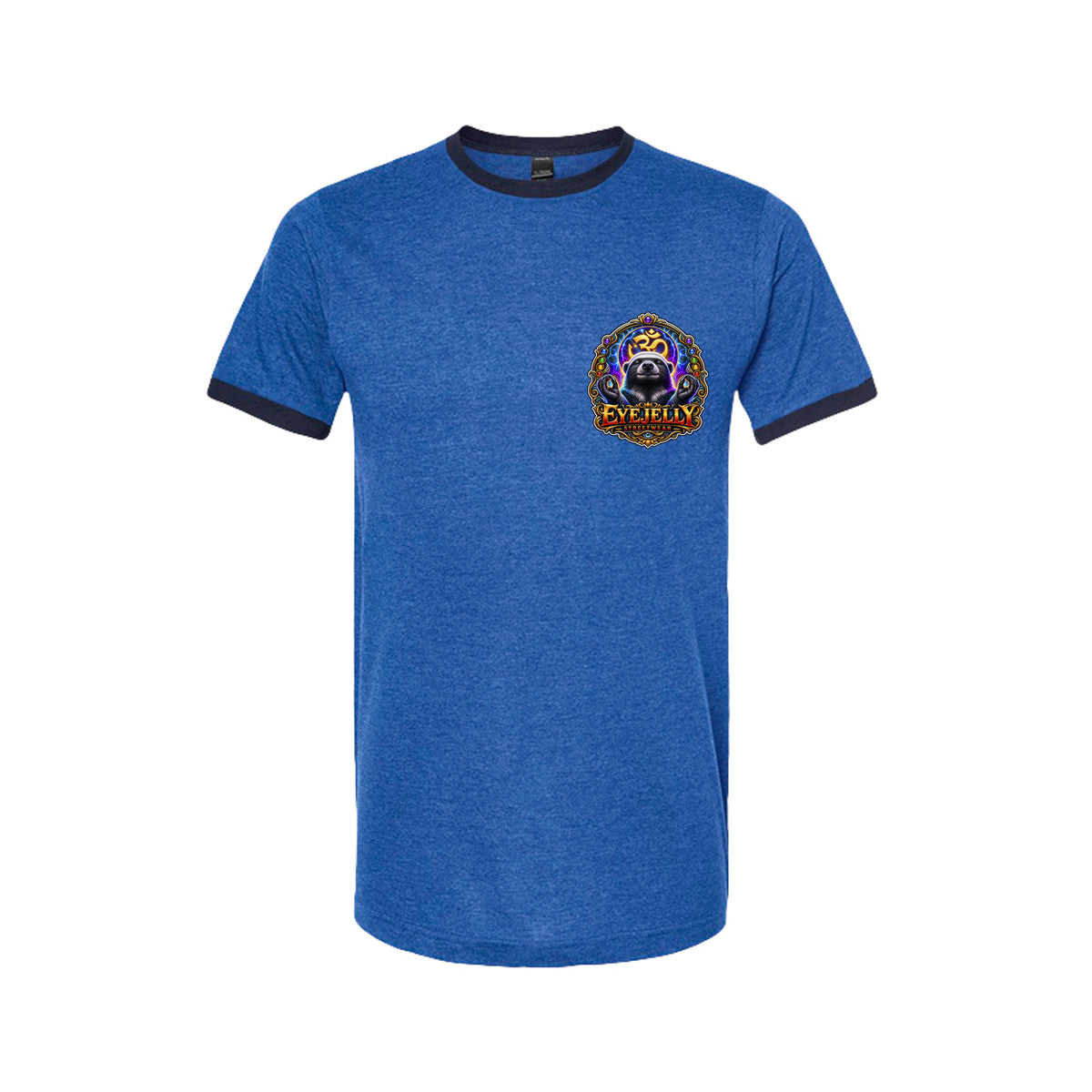 HONEY BADGER™ ringer tee front in heather royal and navy with EyeJelly Streetwear chest art