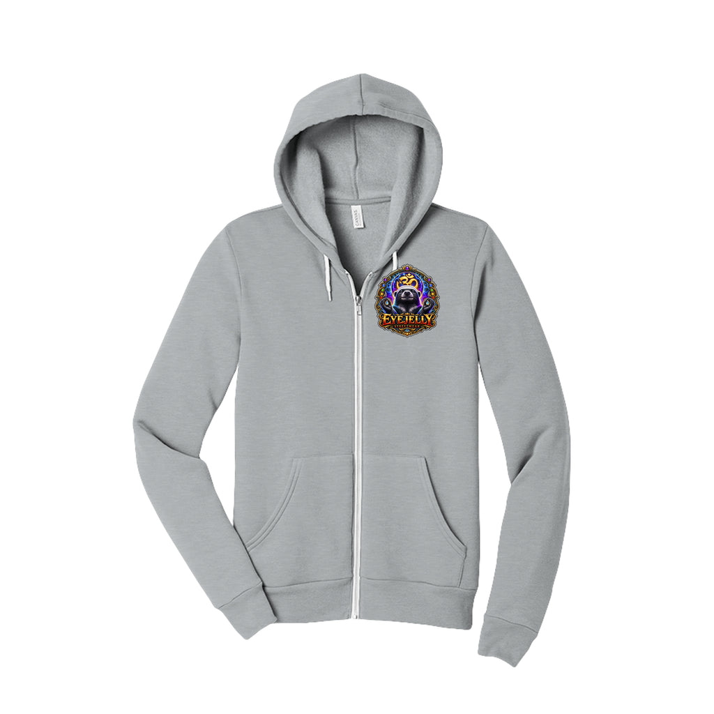 HONEY BADGER™ ash zip-up hoodie front with EyeJelly Streetwear chest art