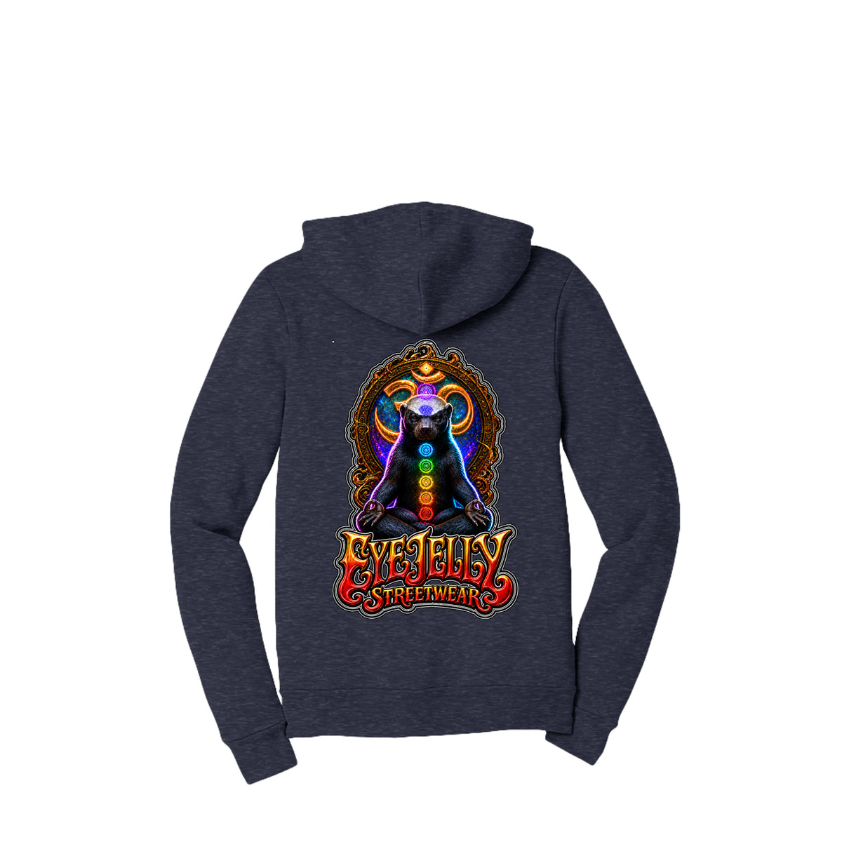 HONEY BADGER™ heather navy zip-up hoodie back with large honey badger artwork