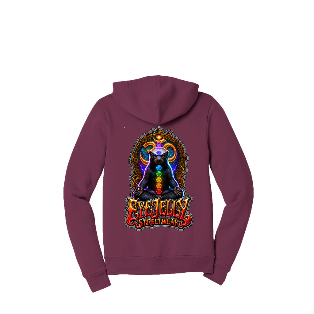 HONEY BADGER™ maroon zip-up hoodie back with large honey badger artwork