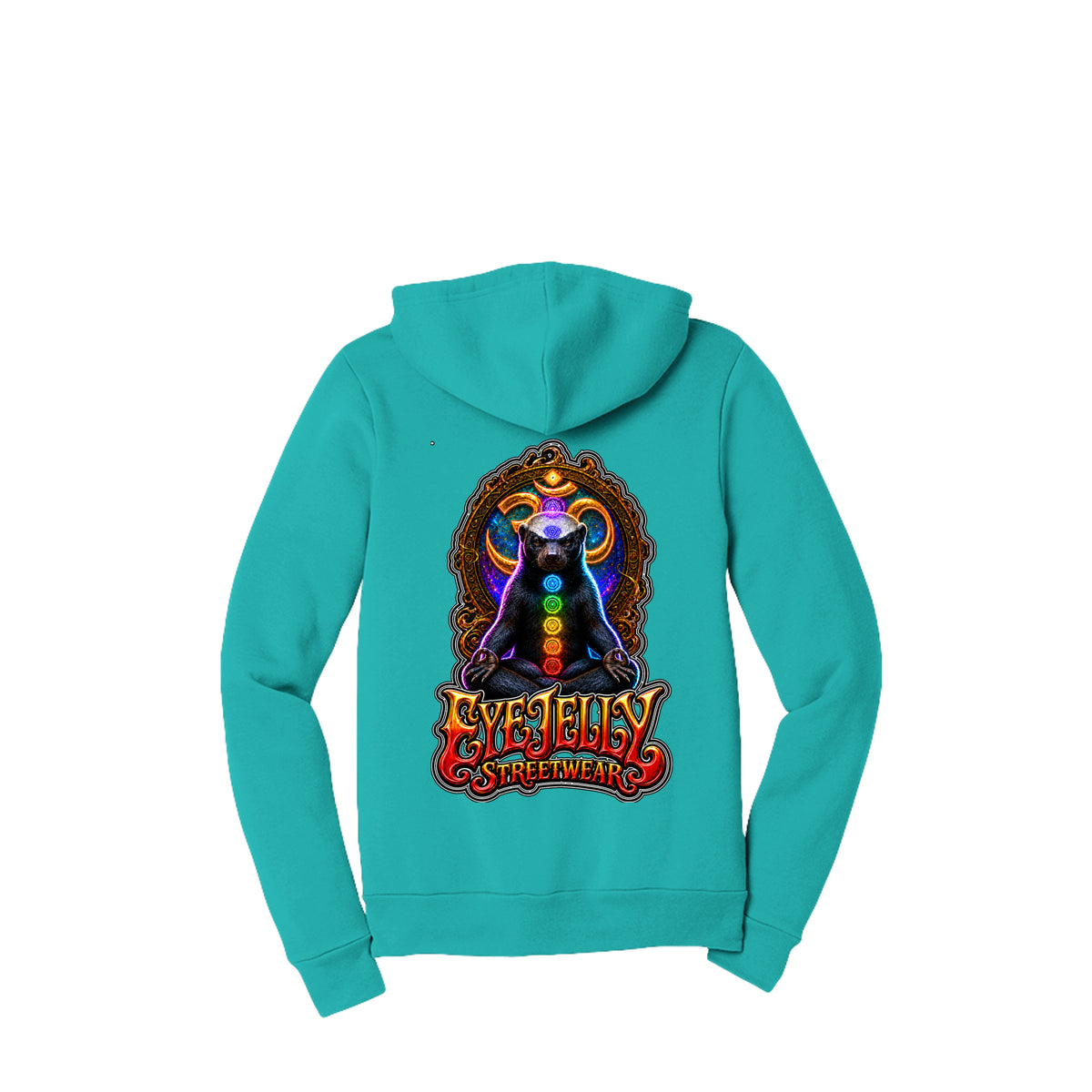HONEY BADGER™ teal zip-up hoodie back with large honey badger artwork