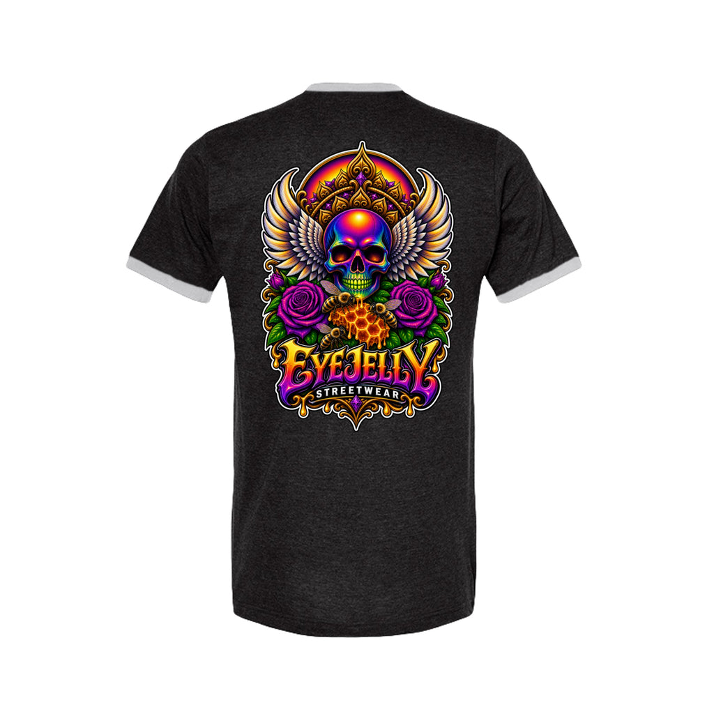 REBIRTH black and white ringer tee back artwork by Jason Ewing | EyeJelly Streetwear