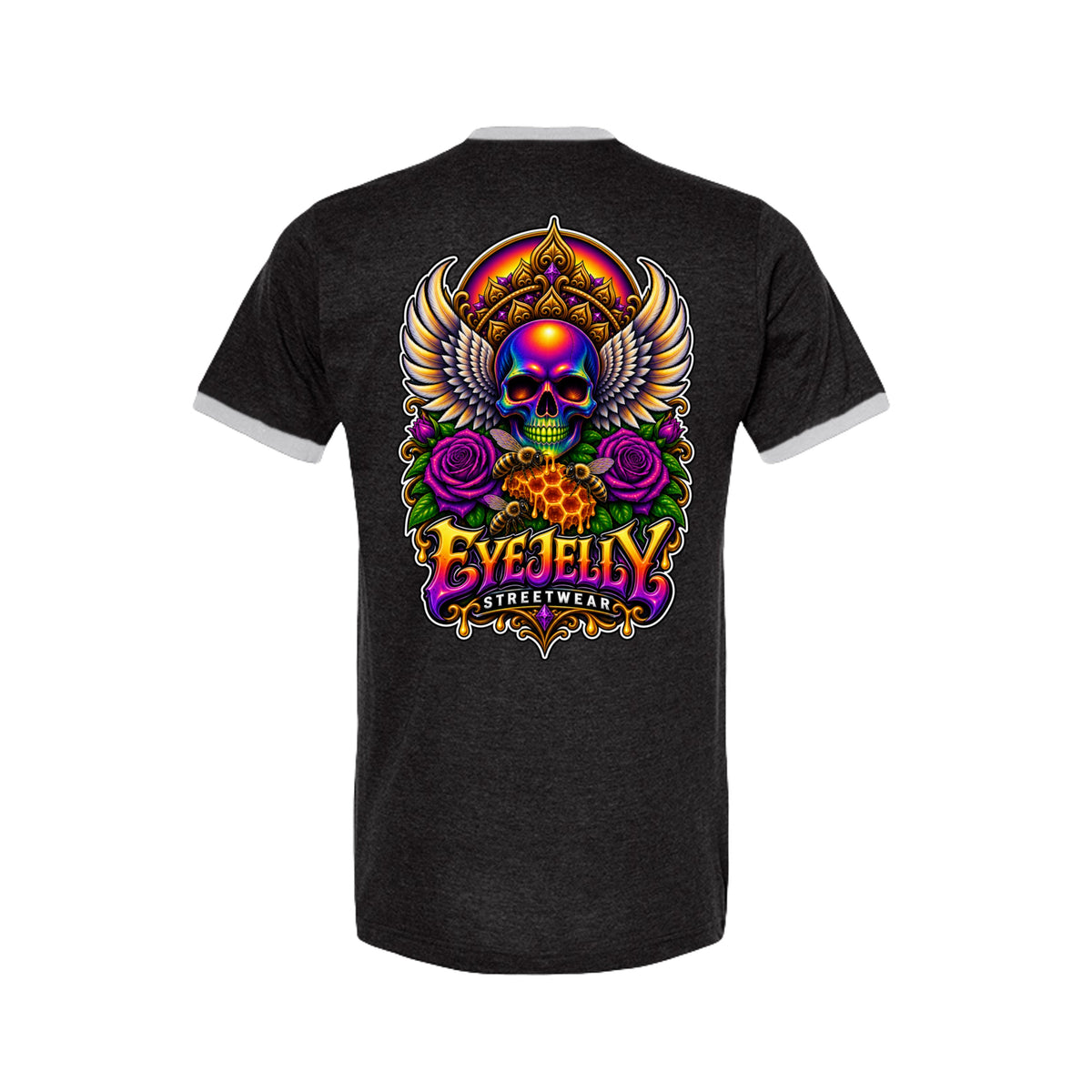 REBIRTH black and white ringer tee back artwork by Jason Ewing | EyeJelly Streetwear