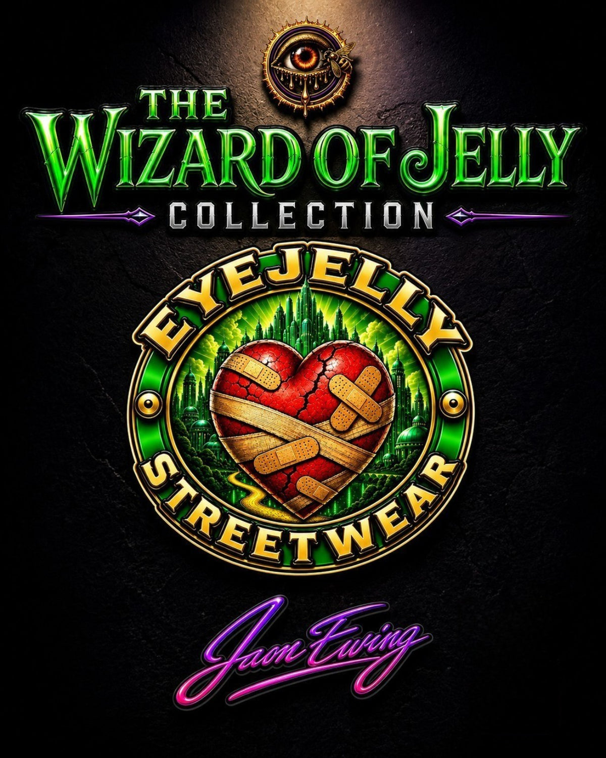The Wizard of Jelly collection artwork featuring the EyeJelly bandaged heart and green city